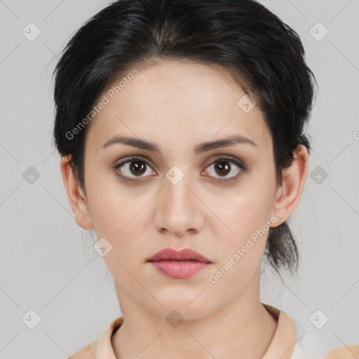 Neutral white young-adult female with medium  brown hair and brown eyes