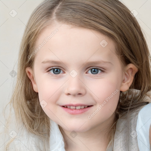 Joyful white child female with medium  brown hair and blue eyes