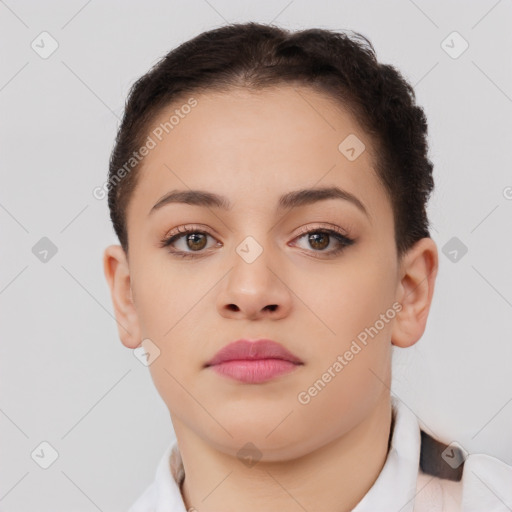 Neutral white young-adult female with short  brown hair and brown eyes