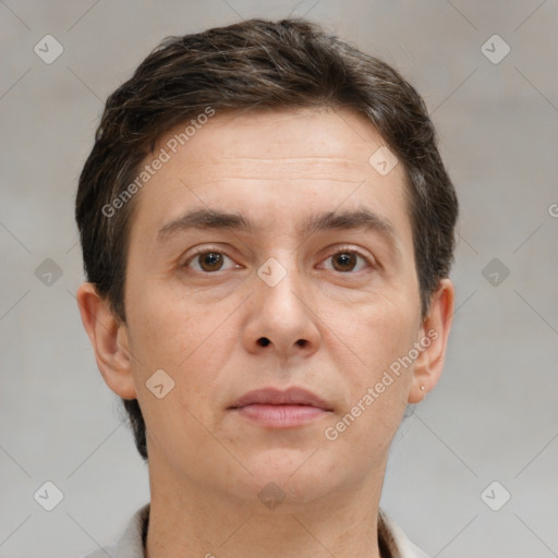 Neutral white adult male with short  brown hair and brown eyes