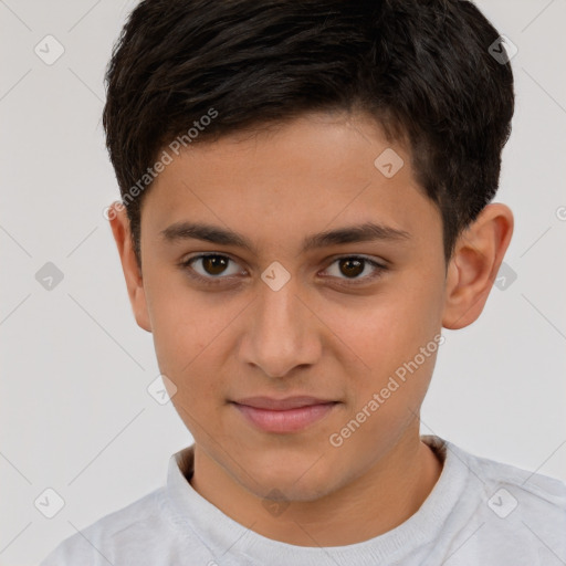 Joyful white child male with short  brown hair and brown eyes