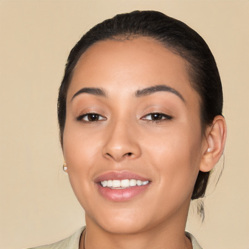 Joyful white young-adult female with medium  brown hair and brown eyes