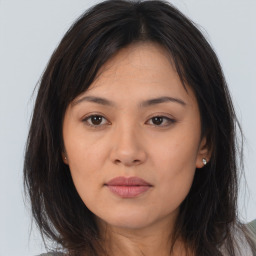 Neutral asian young-adult female with long  brown hair and brown eyes