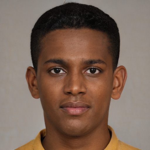 Neutral black young-adult male with short  black hair and brown eyes