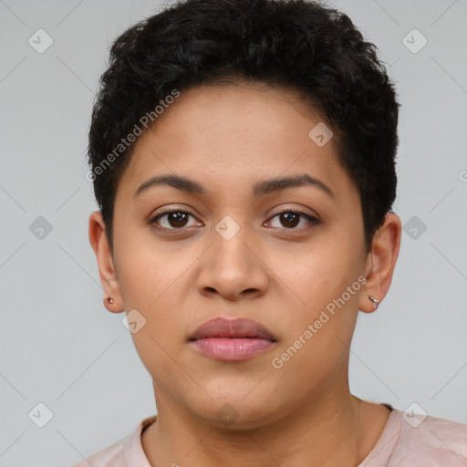 Neutral latino young-adult female with short  black hair and brown eyes