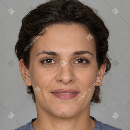 Joyful white adult female with short  brown hair and brown eyes