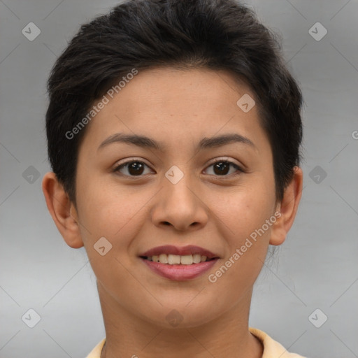 Joyful asian young-adult female with short  brown hair and brown eyes