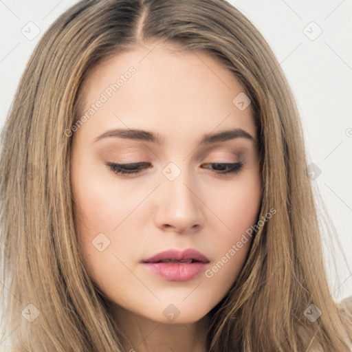 Neutral white young-adult female with long  brown hair and brown eyes