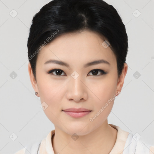 Joyful asian young-adult female with short  black hair and brown eyes