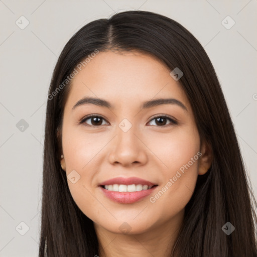 Joyful white young-adult female with long  black hair and brown eyes