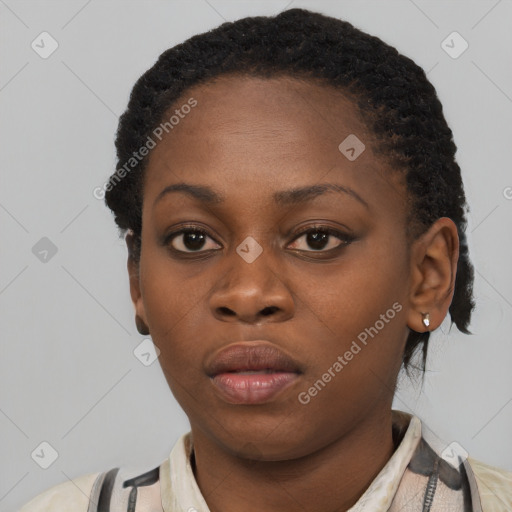 Neutral black young-adult female with short  black hair and brown eyes