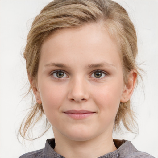 Joyful white child female with medium  brown hair and blue eyes