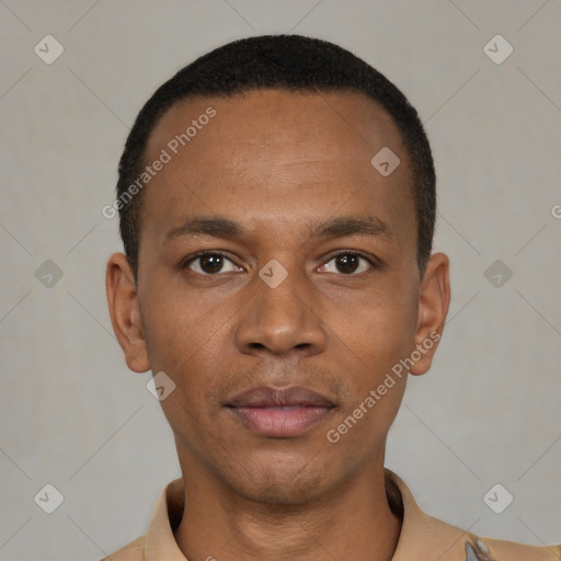 Neutral latino young-adult male with short  black hair and brown eyes