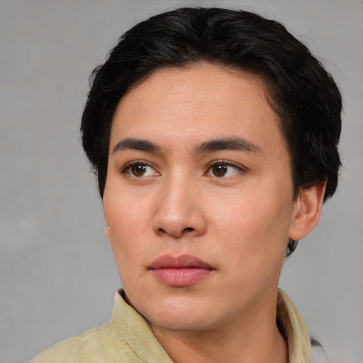 Neutral white young-adult female with short  brown hair and brown eyes