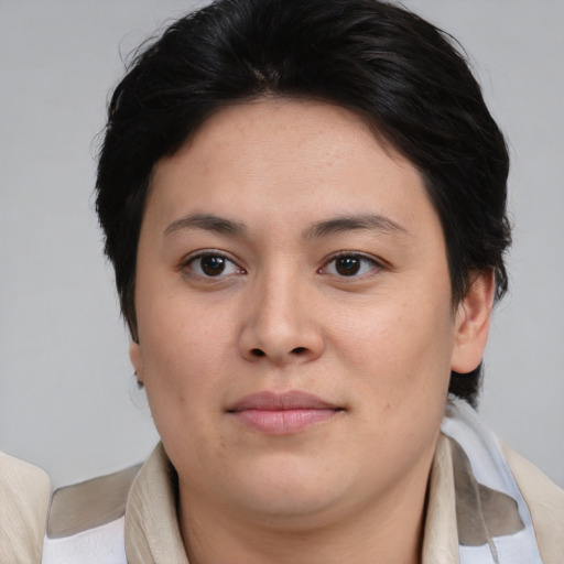 Joyful white young-adult female with medium  brown hair and brown eyes