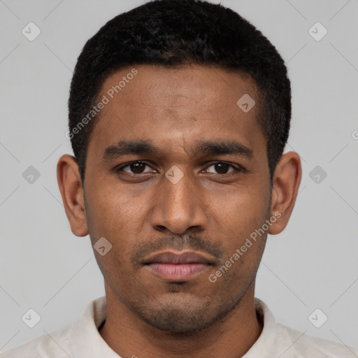 Neutral latino young-adult male with short  black hair and brown eyes
