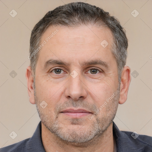 Neutral white adult male with short  brown hair and brown eyes