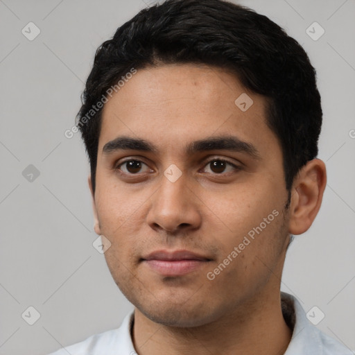 Neutral latino young-adult male with short  black hair and brown eyes