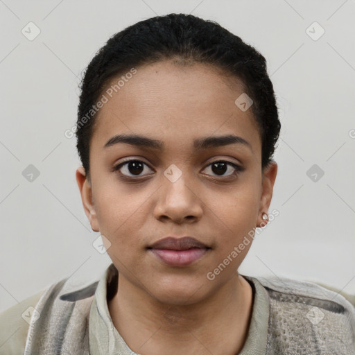 Neutral latino young-adult female with short  black hair and brown eyes