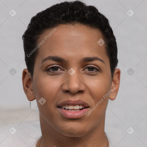 Joyful latino young-adult female with short  brown hair and brown eyes