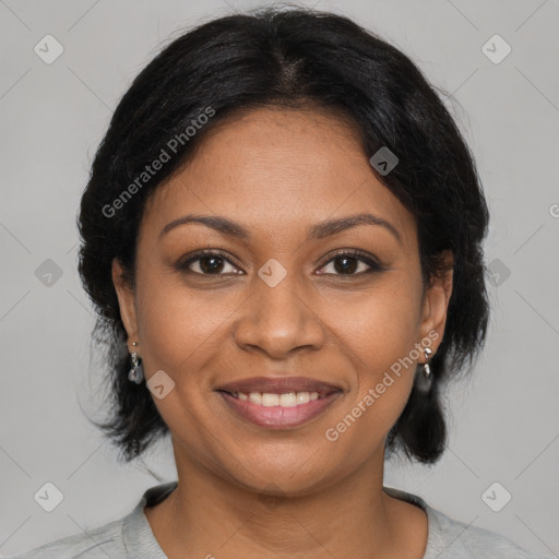 Joyful black young-adult female with medium  black hair and brown eyes