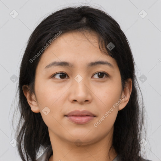 Neutral asian young-adult female with medium  brown hair and brown eyes