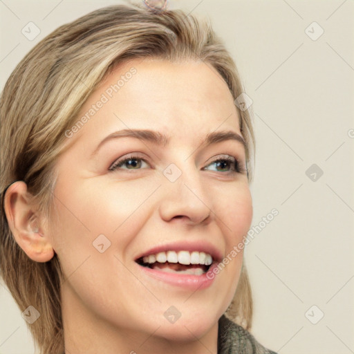 Joyful white adult female with medium  brown hair and grey eyes