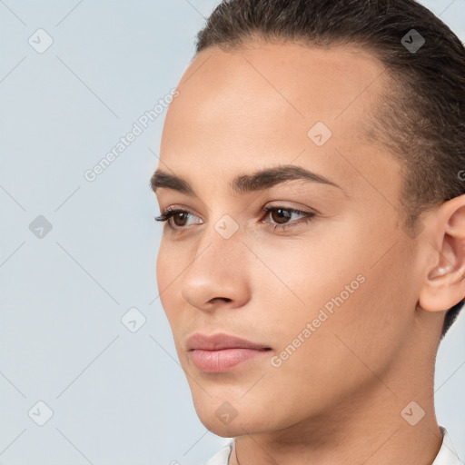 Neutral white young-adult female with short  brown hair and brown eyes