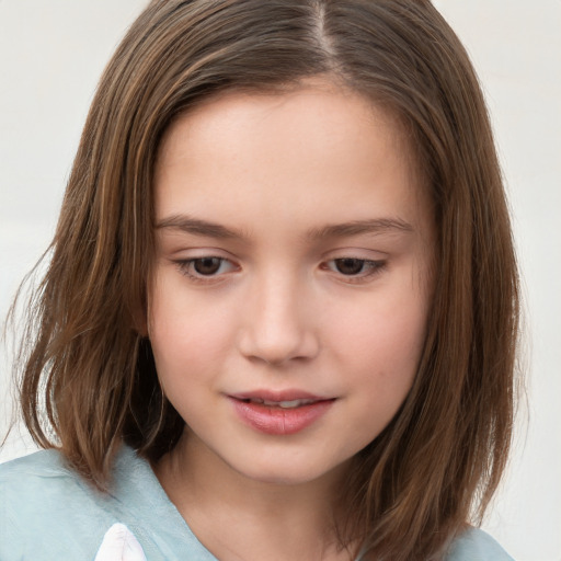 Joyful white child female with medium  brown hair and brown eyes