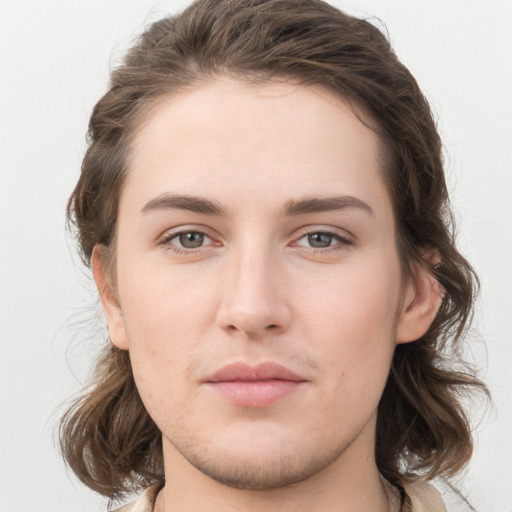 Neutral white young-adult female with medium  brown hair and brown eyes