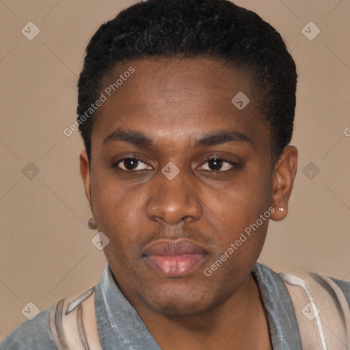 Neutral black young-adult male with short  black hair and brown eyes
