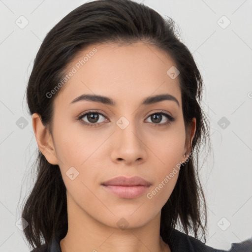 Neutral white young-adult female with medium  brown hair and brown eyes