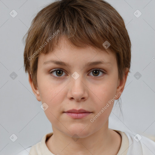 Neutral white young-adult female with short  brown hair and brown eyes