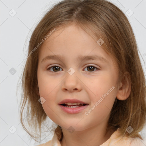 Joyful white child female with medium  brown hair and brown eyes