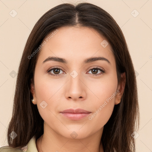 Neutral white young-adult female with long  brown hair and brown eyes