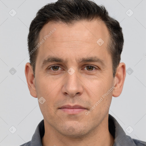 Neutral white adult male with short  brown hair and brown eyes