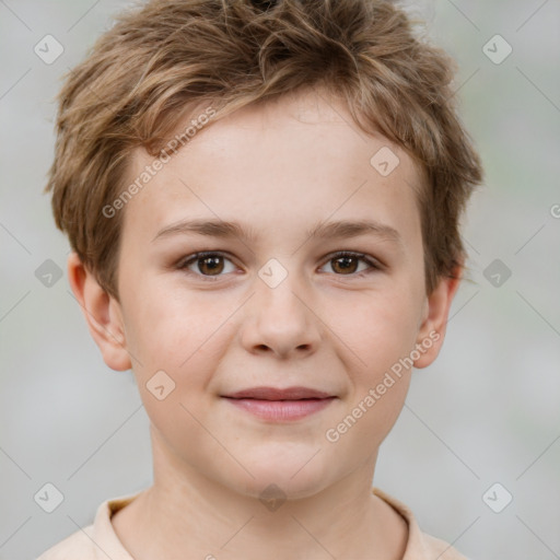 Joyful white child female with short  brown hair and brown eyes