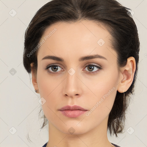 Neutral white young-adult female with medium  brown hair and brown eyes