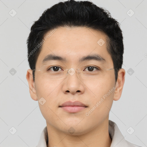 Neutral asian young-adult male with short  black hair and brown eyes