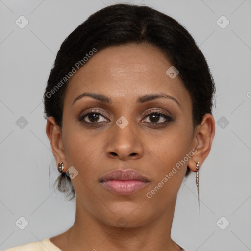 Neutral black young-adult female with short  brown hair and brown eyes