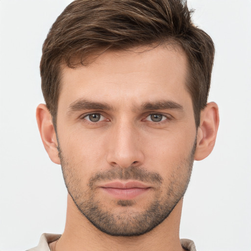 Neutral white young-adult male with short  brown hair and brown eyes