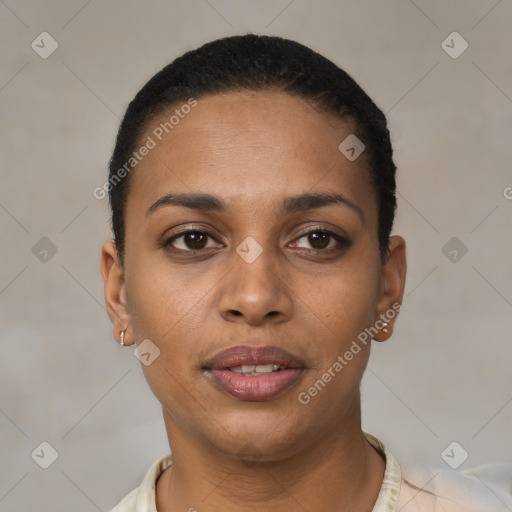 Joyful latino young-adult female with short  brown hair and brown eyes