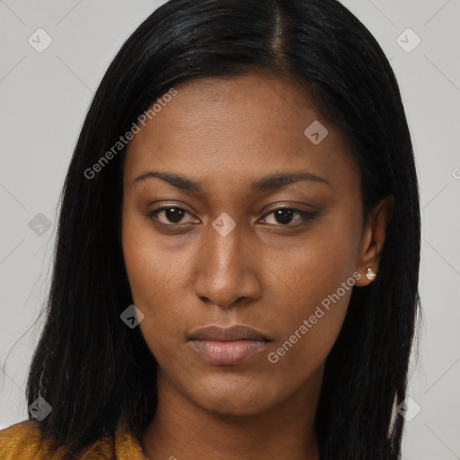 Neutral asian young-adult female with long  brown hair and brown eyes