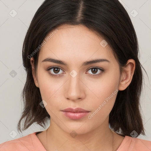 Neutral white young-adult female with medium  brown hair and brown eyes