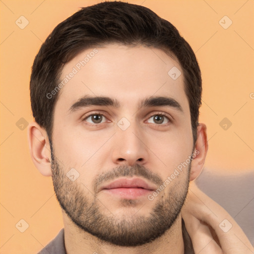 Neutral white young-adult male with short  brown hair and brown eyes