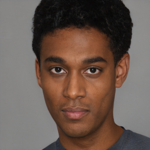 Neutral black young-adult male with short  black hair and brown eyes