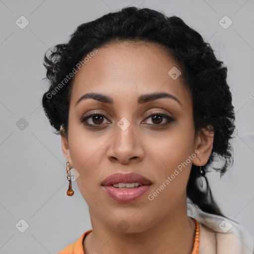 Joyful latino young-adult female with long  black hair and brown eyes