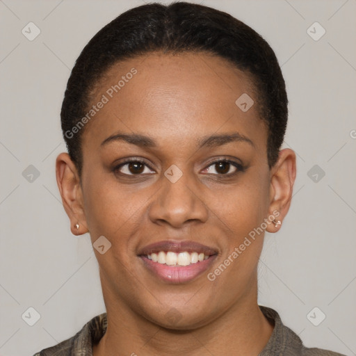 Joyful latino young-adult female with short  brown hair and brown eyes