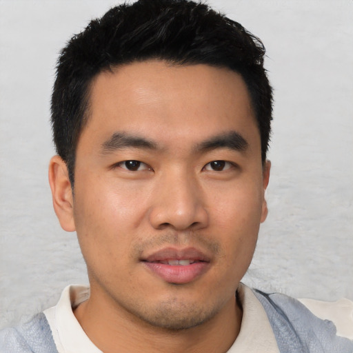 Neutral asian young-adult male with short  black hair and brown eyes