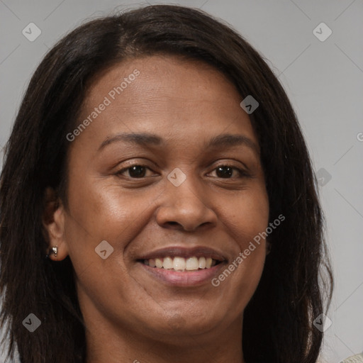 Joyful white young-adult female with long  brown hair and brown eyes